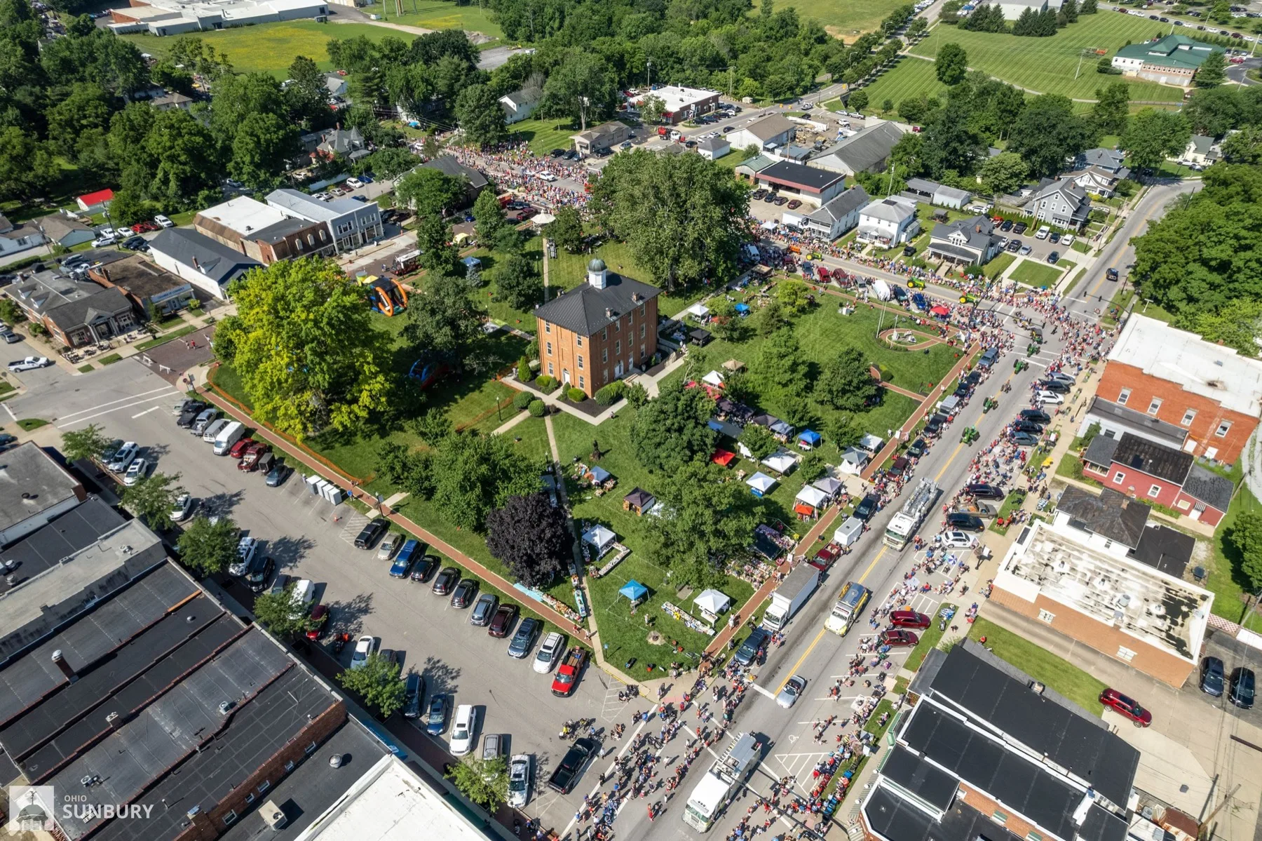 Aerial view of downtown Sunbury, Ohio and its historic square